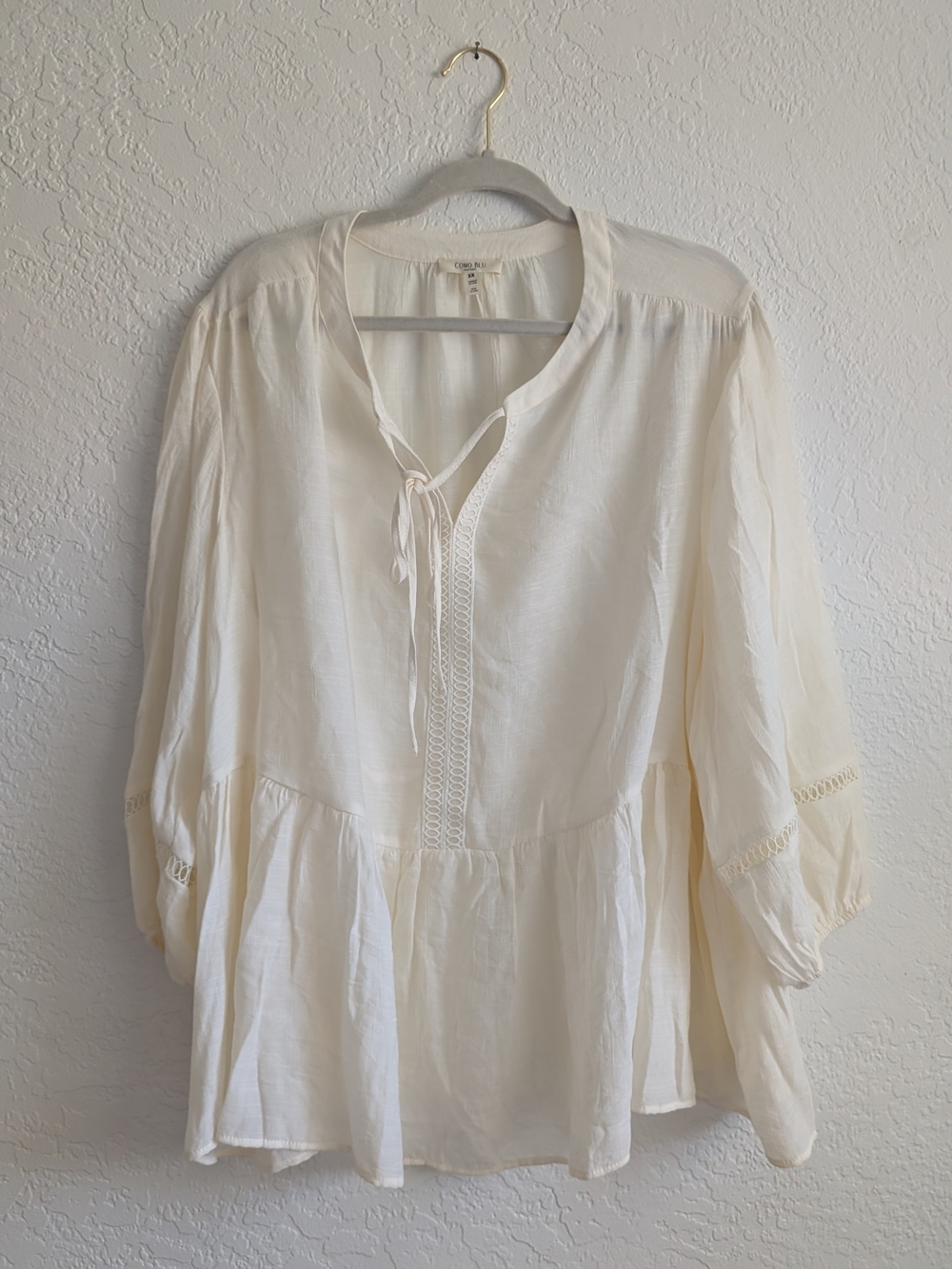 Women's Cream Peasant Blouse with Tie Neck